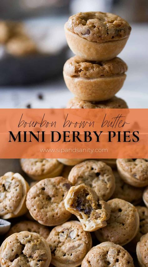 Bourbon Brown Butter Mini Derby Pies…you can’t eat just one! These bite-sized gems are even more tantalizing with the addition of brown butter. So easy to make, these crunchy, chocolatey mini pies will become your new favorite for no-fuss entertaining. Derby Pie Bites, Pie Tartlets, Derby Pie Recipe, Mini Dessert Easy, Derby Recipe, Mini Pie Crust, Derby Pie, Pie Bites, Mini Pies