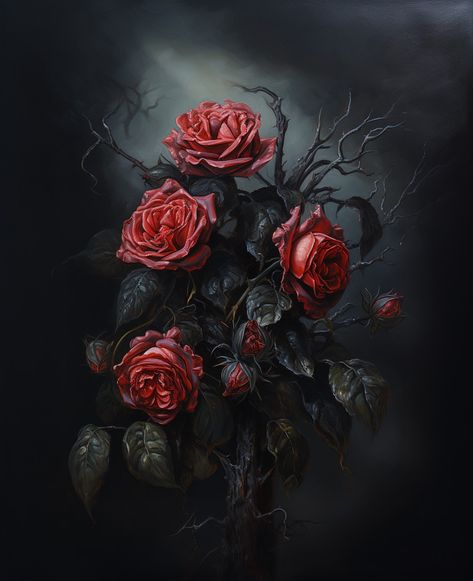 An oil painting of beautiful red roses on a dark background. Victorian Gothic Fantasy Art, Dark Flower Art, Dark Victorian Art, Plant Horror, Gothic Art Painting, Gothic Oil Painting, Goth Flowers, Wedding Art Painting, Vintage Horror Art