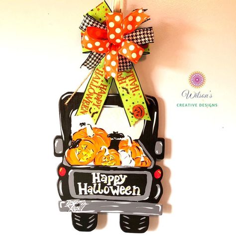 Halloween Wreath Diy Tutorials, Door Decor Halloween, Truck Door Hanger, Mason Jar Door Hanger, Front Door Halloween, Candy Corn Wreath, Halloween Door Decor, Sign For Front Door, Halloween Frankenstein