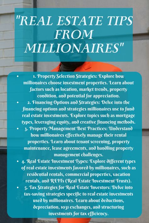 Learn valuable real estate tips from millionaires to succeed in property investing! Explore topics such as property selection strategies, financing options, effective property management, types of real estate investments, and tax-saving strategies. Start building your real estate portfolio like a millionaire today! Real Estate Millionaire, Real Estate Investing Aesthetic, Types Of Real Estate, Real Estate Investing Rental Property, Property Investing, Tax Saving, Real Estate Portfolio, Buying Investment Property, 5 Year Plan