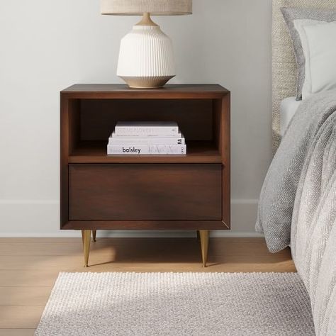 Nightstands Ideas Bedside Tables, Dark Wood Side Table, Nightstands Ideas, Diy Bedside, Nightstand Ideas, Walnut Bedside Table, Modern Nightstands, Side Table Decor, Architecture Collage