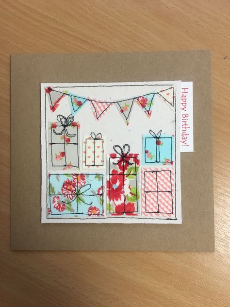 Hand made machine sewn presents birthday card made from Moda fabrics Sewing Cards Christmas, Sewn Cards Handmade, Hand Sewn Cards, Fabric Birthday Cards, Fabric Birthday Cards Handmade, Sew Birthday Card, Sewing Birthday Cards, Fabric Cards Handmade, Sewn Birthday Cards