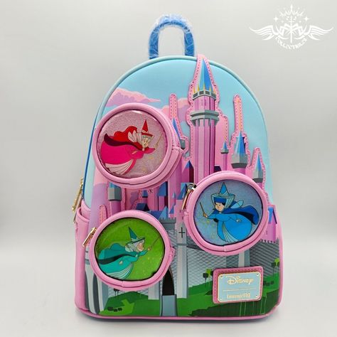 Loungefly Disney Sleeping Beauty Castle Three Good Fairies Stained Glass Mini Backpack Brand New With Tags Size: Mini / Approx. (9" W X 10" H X 4" D) Three Good Fairies, Disneyland Backpack, Loungefly Collection, Fav Products, Disney Loungefly, Sleeping Beauty Castle, Character Board, Mini Backpacks, Loungefly Bag