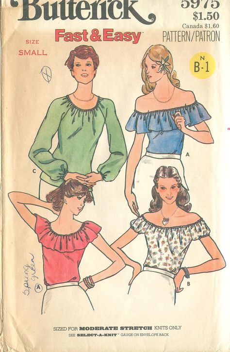 Butterick 5975 Vintage 1970s Gypsy Blouse Pattern for Moderate Stretch fabric B31-32 70s Blouse Pattern, Peasant Blouses Pattern, Blouses Sleeveless, Blouse Top Pattern, 70s Sewing Patterns, Butterick Patterns Vintage, Simplicity Patterns Vintage, 1970s Sewing Patterns, Butterick Pattern