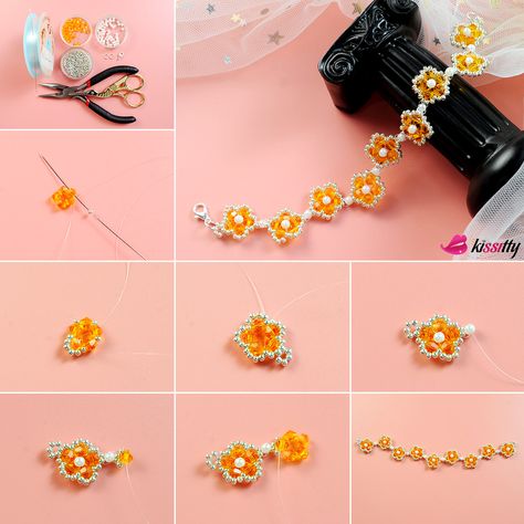 2mm Bead Bracelet Ideas, Bracelet Pattern Ideas, Flower Bead Ring, Flower Beaded Bracelet, Diy Beaded Rings, Wire Wrap Jewelry Designs, Wire Wrapped Jewelry Diy, Bead Weaving Tutorials, Weaving Tutorial