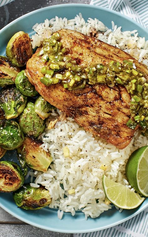 Easy fish recipe with buttery ginger rice and roasted Brussels sprouts | More recipes on www.HelloFresh.com Pesto Fish Recipes, Pesto Fish, Barramundi Recipes, Recipes Pesto, Ginger Rice, Hello Fresh Recipes, Easy Fish Recipes, Roasted Brussel, African Cichlids