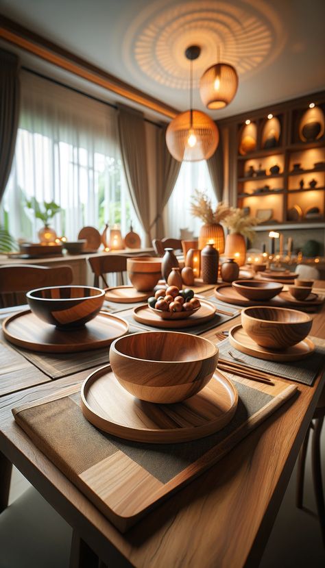 Get ready to elevate your home decor with the timeless beauty and sophistication of handcrafted wooden bowls. From sleek and modern designs to rustic and natural finishes, these stunning creations are sure to add a touch of elegance to any room. Imagine the warm, inviting glow of richly finished wood, the intricate details of expert craftsmanship, and the unique, one-of-a-kind charm that each piece brings. Whether displayed on a shelf, used as a centerpiece, or simply admired for their beau... Dinnerware Table Setting, Kitchenware Ideas, Wooden Dinnerware, Turned Bowls, Wood Turned Bowls, Wooden Kitchenware, Wooden Tableware, Wood Dishes, Bamboo Utensils