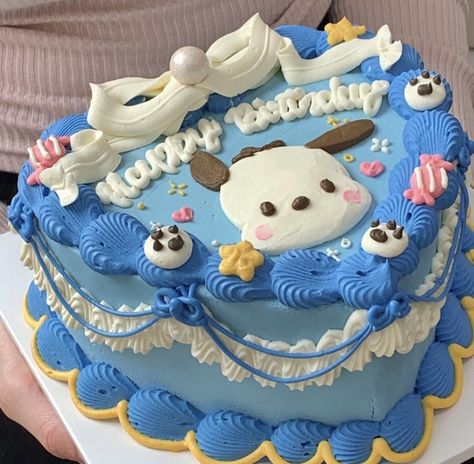 Pocchaco Birthday Cake, Sanrio Party Food, Birthday Cake Sanrio, Keroppi Cake, Pochacco Cake, Sanrio Cake, Cakes Creative, Sanrio Food, Hello Kitty Pochacco