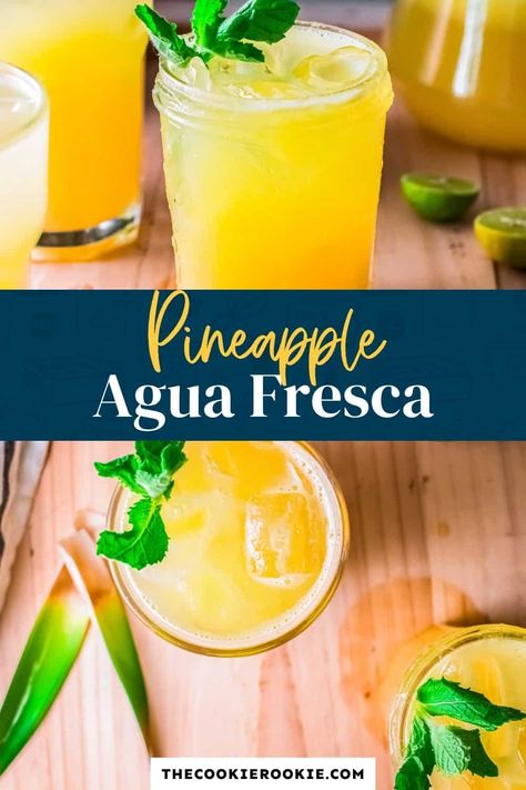 Perfectly refreshing, this pineapple agua fresca is one delicious drink. Simple to make, it's a perfect mocktail for your Cinco de Mayo celebrations! Agua Fresca Blueberry, Auga Frescas Pineapple, Pineapple Mint Agua Fresca, Authentic Agua Fresca, Easy Agua Fresca Recipe, Spanish Drinks Non Alcoholic, Mexican Mocktail Recipe, Non Alcoholic Mexican Drinks, Pineapple Drinks Nonalcoholic