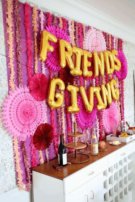 thanksgiving decorations Pink Gold Party, Friendsgiving Decorations, Gold Letter Balloons, Fall Party Decorations, Thanksgiving Friendsgiving, Hosting Occasions, Friendsgiving Dinner, Friendsgiving Party, Personal Celebration