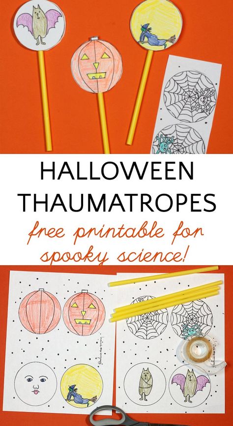 How to make Halloween thaumatropes. Free printable thaumatrope template for a spooky science project. Great for STEM and STEAM classes. #halloween #stem #steam #scienceproject Thaumatrope Printable, Halloween Stem Activities, Spooky Science, Persistence Of Vision, Science Art Projects, Monster Activities, Halloween Stem, Making Movies, Halloween Science