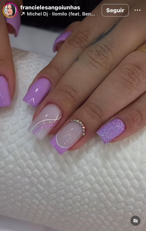 Purple Nail Design Square, Purple Nails With Glitter, Purple And White Nails, Purple Sparkly Nails, Purple And Silver Nails, Purple Glitter Nails, Gel Toe Nails, Purple Acrylic Nails, Fancy Nails Designs