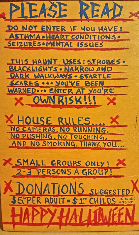 Haunted House Ideas Indoor, Haunted House Rules Sign, Haunted House Fundraiser, Haunted House Morgue Ideas, Haunted School Ideas, Haunted House Scene Ideas, Halloween Maze Ideas Haunted Houses, Haunted House Character Ideas, Haunted House Ideas For School