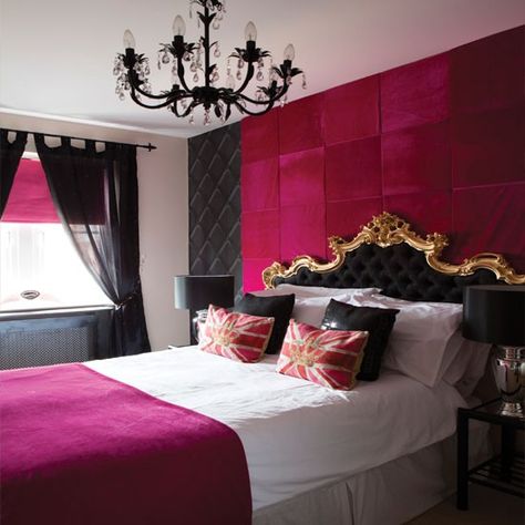 Check out this golden bordered headboard, with black velvet deep buttoned centre... This is luxury! And we love the hot pink. Would you go for this bold in your bedroom? Pink Black Bedrooms, Pink And Black Bedroom, Hot Pink Bedrooms, Pink Bedroom Design, Black Bedroom Decor, Glamourous Bedroom, Black Rooms, Pink Bedroom Decor, Gold Bedroom