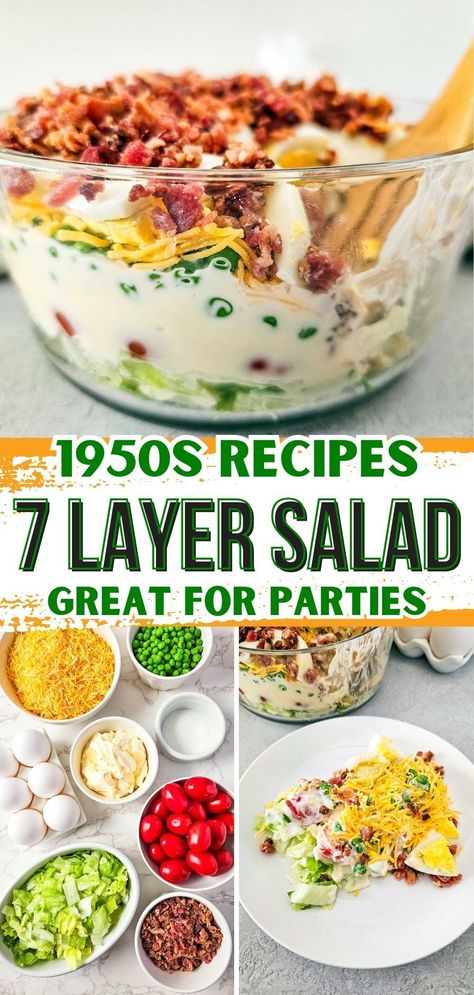 Feeds a hungry bunch, always a hit. Need inspiration for side dish recipes? Layered salads add a vibrant and satisfying element to any meal and can be tailored to suit your tastes. 7 Layer Salad Dressing, 7 Layered Salad Recipe, Tossed Salad Recipes, 7 Layer Salad Recipe, Layered Salads, 7 Layer Salad, 1950s Food, Layer Salad, Layered Salad Recipes