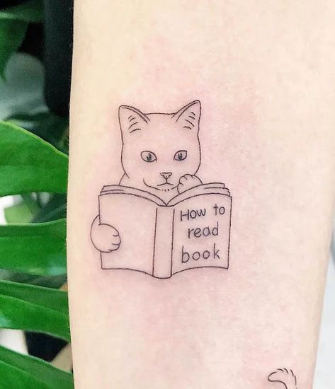 Cute Cat Tattoos, Minimalist Cat Tattoo, Reading Tattoo, Watercolor Cat Tattoo, Cat Outline Tattoo, Kitten Tattoo, Ab Tattoo, Cute Cat Tattoo, Inner Forearm Tattoo