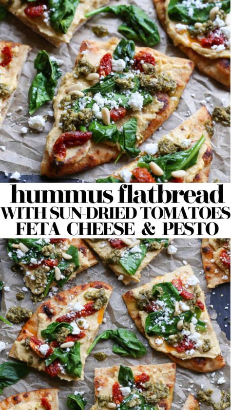 Hummus Flatbread with Sun-Dried Tomatoes & Pesto - The Roasted Root Rosemary Flatbread Recipes, Mediterranean Flatbread Pizza, Hearty Appetizer, Hummus Flatbread, Flatbread Appetizers, Vegetarian Flatbread, Mediterranean Flatbread, Meal Vegetarian, Healthy Flatbread