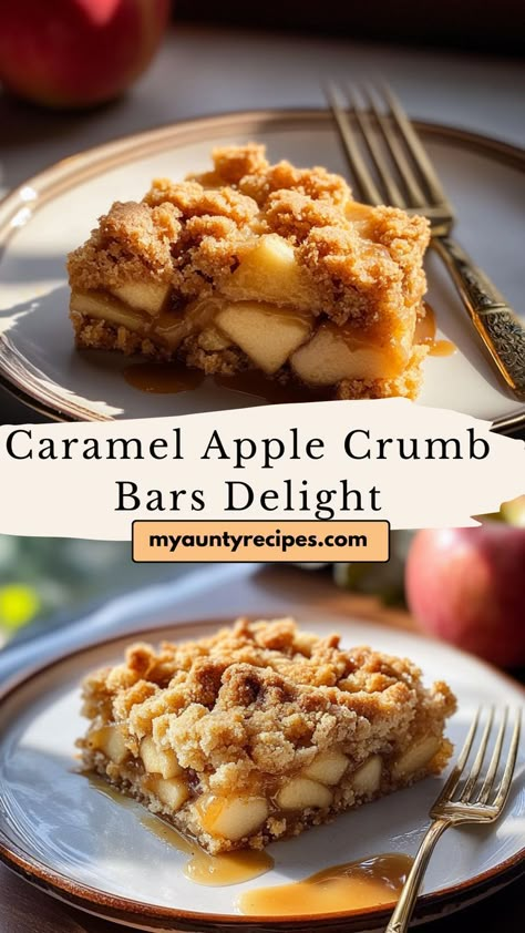 These Sweet Caramel Apple Crumb Bars bring the flavors of fall with a combination of tender apples, caramel, and a golden crumb topping. Great for fall recipes, they’re easy to make and perfect for dessert or snacking. Serve these bars warm for a cozy, comforting treat everyone will enjoy! Caramel Apple Pie Bars Recipe, Apple Caramel Bars Recipes, Easy Delicious Fall Desserts, Apple Desserts Christmas, Apple And Caramel Desserts, Salted Caramel Apple Pie Bars, Thanksgiving Recipes Dessert Apple, Thanksgiving Dessert Bars, Apple Caramel Dessert