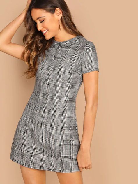 Dress Autumn, Elegante Casual, Flared Dress, Pan Collar, Plaid Dress, Peter Pan Collar, Collar Dress, Grey Fashion, Women Dresses