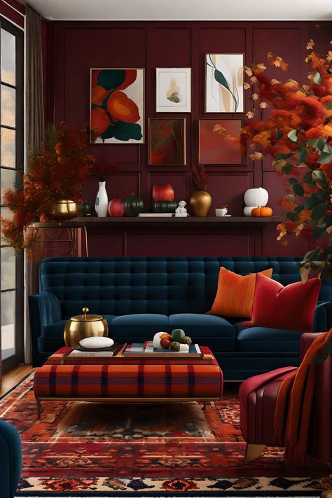 Burgundy Lounge Living Rooms, Red Lounge Decor Color Schemes, Red And Navy Living Room, Jewel Tone Living Room Bohemian, Red House Interior, Living Room Decor Burgundy, Dark Red Living Room, Red And Blue Living Room, Moody Traditional