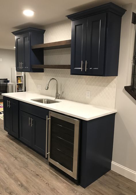 Basement kitchen blue cabinets white tile backsplash Wet Bar Basement, Basement Wet Bar, Basement Kitchenette, Home Wet Bar, Home Bar Rooms, White Tile Backsplash, Basement Inspiration, Basement Bar Designs, Basement Living Rooms