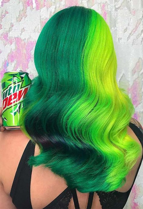 Green Hair Color Ideas, Pastel Green Hair, Neon Hair Color, Green Hair Color, Mt Dew, Hair Dye Brands, Neon Green Hair, Emerald Green Hair, Green Hair Dye