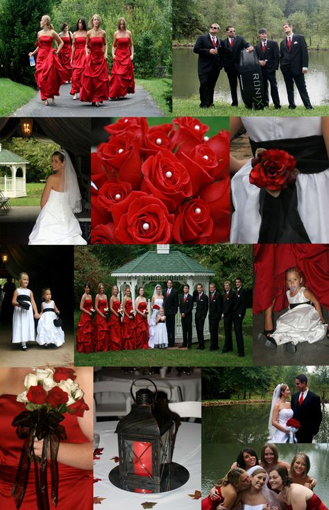 Red and Black outdoor fall wedding Red Wedding Theme Outdoor, Red And Black Wedding Ideas On A Budget, Red And Black Wedding Theme, Red Black Wedding, Outdoor Bridesmaid Dresses, Black Red Wedding, Red Wedding Decorations, Wedding Colors Red, Red And White Weddings