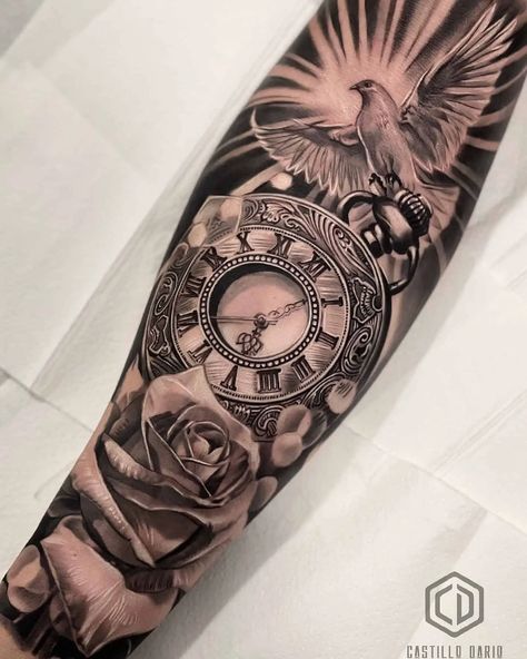 Eagle And Rose Tattoo, Clock Tattoo Sleeve, Christus Tattoo, Clock And Rose Tattoo, Half Sleeve Tattoos Forearm, Rose Clock, Biker Tattoos, Men Tattoos Arm Sleeve, Tattoo Inspiration Men