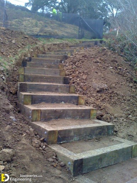 24+ Photos Of Stairs For The Garden That Are On Other Levels - Engineering Discoveries Stairs Built Into Hillside, Outdoor Stairs Hillside, Landscape Stairs Sloped Yard, Railroad Tie Steps, Garden Staircase, Outside Stairs, Landscape Stairs, Sloped Yard, Building Stairs