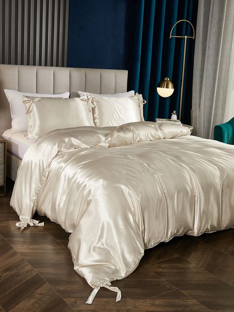 Beige Simple Collar   Plain  Embellished   Bedding Silk Bed Sheets, Luxury Bed Sheets, Desain Furnitur Modern, Satin Bedding, Gold Bedroom, Luxury Bedding Set, التصميم الخارجي للمنزل, Bed Sets, Simple Bedroom