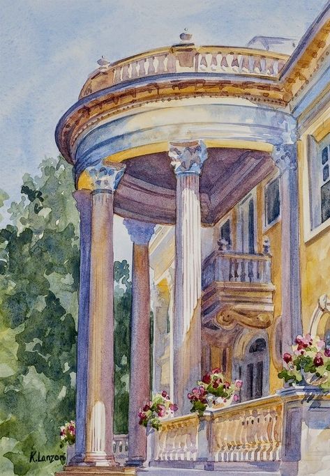 Time Stands Still, Studio Architecture, Corinthian Column, Grand Entrance, Watercolor Painting, Rome, Entrance, Architecture, Flowers