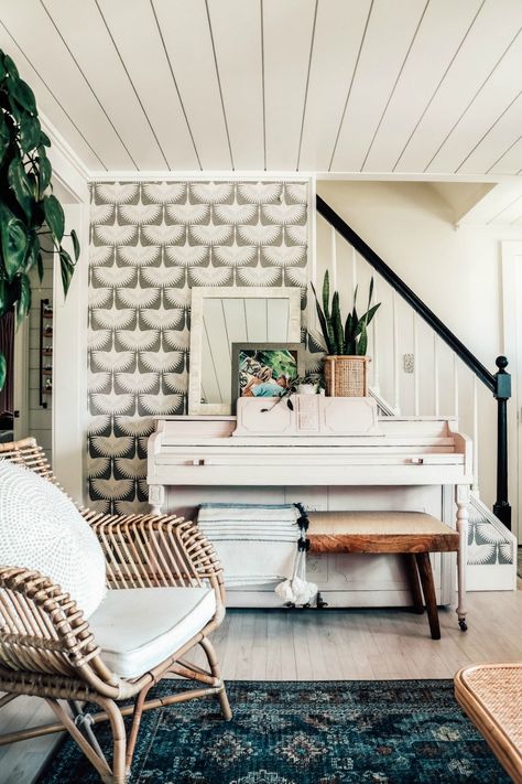 House Details- Molding, Shiplap, Paint, Doors, Woven Shades and More - Nesting With Grace Accent Wall Behind Piano, Accent Wall Staircase, Cape Remodel, Painted Shiplap, Surface Styling, Wall Staircase, Cottage Ranch, Paint Doors, Piano Wall