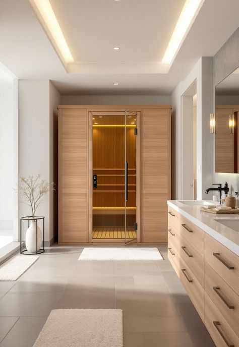 futuristic bathroom ideas Ensuite With Sauna, Bathroom With Infrared Sauna Ideas, Built In Sauna Bathroom, Bathrooms With Saunas, At Home Sauna Room, Master Bath With Sauna, Bathroom With Sauna Ideas, Bathroom With Sauna Layout, Sauna Room In House