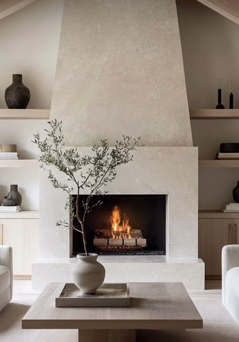 Stucco Gas Fireplace, 2 Story Stucco Fireplace, Fireplace Ideas Plaster, Stucco Fireplace With Tv, Modern Hearth Fireplace, Mediterranean Style Fireplace, Modern Chic Fireplace, Lime Plaster Fireplace, Modern Organic Family Room