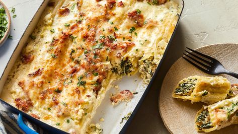 Chicken Alfredo Manicotti Recipe | Food Network Kitchen | Food Network Alfredo Manicotti, Comfort Pasta, Manicotti Recipe, Baked Pasta Recipes, Alfredo Recipe, Rotisserie Chicken Recipes, Chicken Alfredo, Spinach Stuffed Chicken, Pasta Bake