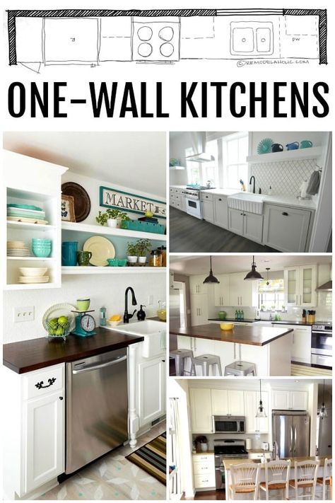 KITCHEN DESIGN | Single Wall Kitchen Layouts and Floor Plans via Remodelaholic.com One Wall Kitchen With Island Small, One Wall Kitchen Layout With Island, Single Wall Kitchen Layout Small Spaces, Single Wall Kitchen Layout With Island, Canning Kitchen Layout, Single Wall Kitchen Ideas, Downstairs Kitchenette, One Wall Kitchen Design, Single Wall Kitchen With Island