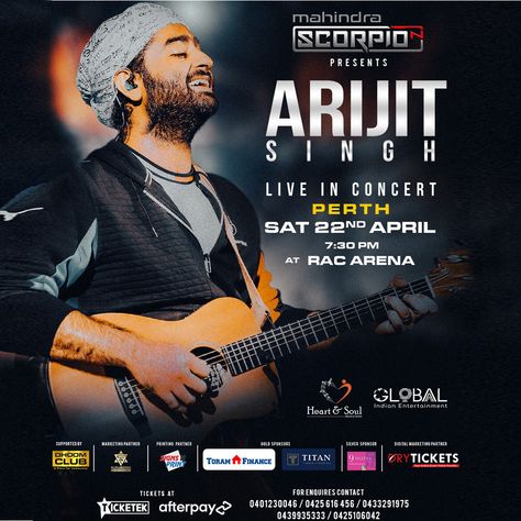 Arijit Singh Live In Concert Perth at RAC Arena Concert Design, Arijit Singh, Festival Celebration, Online Tickets, Heart Soul, Buy Tickets, Perth, Dj, Finance