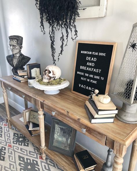 Frankenstein Home Decor, Halloween Hallway Decorations Entryway, Halloween Decor Entryway Table, Entry Way Halloween Decor, Halloween Sideboard Decor, Halloween Entryway Table Decor, Halloween Console Table Decor, Spooky Entryway, Aesthetic Halloween Pfp