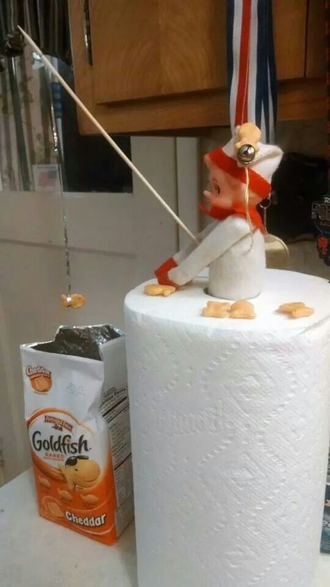 Elf On The Shelf Fishing Goldfish, Elf On The Shelf Goldfish, Elf Fishing For Goldfish, Elf Fishing, Elf Ideas Easy, Elf On Shelf, Awesome Elf On The Shelf Ideas, Elf Ideas, Christmas Crafts For Gifts