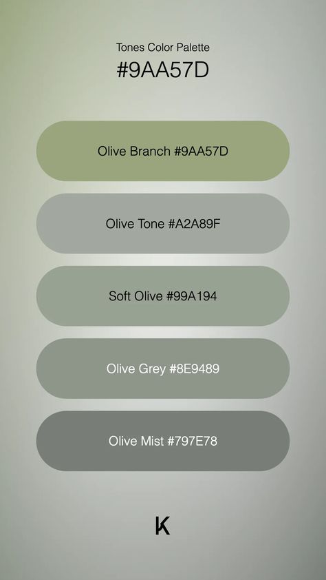 Tones Color Palette Olive Branch #9AA57D · Olive Tone #A2A89F · Soft Olive #99A194 · Olive Grey #8E9489 · Olive Mist #797E78 Neutral Green Color Palette, Green White Color Palette, Neutral Green, Olive Tone, Combo Color, Green Color Palette, Hex Color Palette, Green Colour Palette, Hex Colors