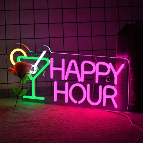 $33.99 Neon Signs Bedroom, Neon Bar Signs, Hotel Party, Happy Hour Cocktails, Neon Sign Bedroom, Sign Materials, Bar Wall Decor, Fun Signs, Neon Light Signs