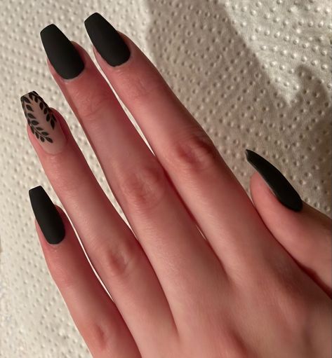 White Nails With Black Designs Coffin, Coffin Acrylic Nails Matte Black, Black Vine Nail Art, Matte Black Nails With Accent Nail, Black Wedding Nails Short, Matte Black Wedding Nails, Matte Black And Green Nails, Nails For A Black Prom Dress, Vines On Nails