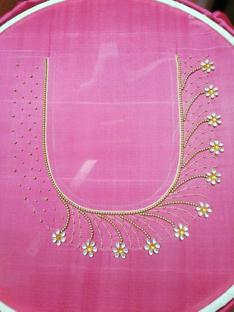 Neck Design For Aari Work, Chudidhar Aari Neck Designs, Aari Work Designs Pattern Saree Blouse, Simple Art Work Blouse, Simple Blouse Designs Aari Work, Aari Work Hand Design Simple, 1000rs Aari Work Blouse Design, Beads Work On Blouse Simple, Aari Work Neck Design For Blouse