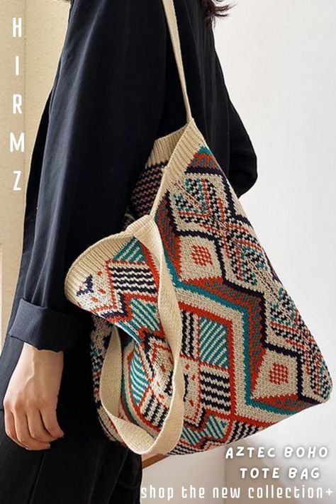 Calla crochet woven tote bag is a new aesthetic new style that belongs in everyone's wardrobe. Special boho color mix finish carries athflow fashion style look with you as an unusual tote handbag. Hippie style purse in a unique aztec crochet pattern made of soft cotton touch and a long shoulder strap. Bohemian chics must-have piece. #everydaypurse #fashionpurses #cutetotes #pursesandbagsboho #bohoshoulderbag #crochetedtote Tote Crochet, Boho Chique, Boho Tote Bag, Crochet Shoulder Bags, Knitting Tote Bag, Knitting Tote, Boho Tote, Beg Tangan, Girls Handbags