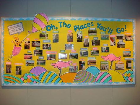 I am so excited for you to see the new and improved "Oh, The Places You'll Go"  display that has been upgraded from the boring white wall ou... Dr Seuss Bulletin Board, Seuss Classroom, High School Counseling, Dr Seuss Week, Library Bulletin Boards, Ra Ideas, Bulletin Board Display, Kindergarten Graduation, Classroom Bulletin Boards