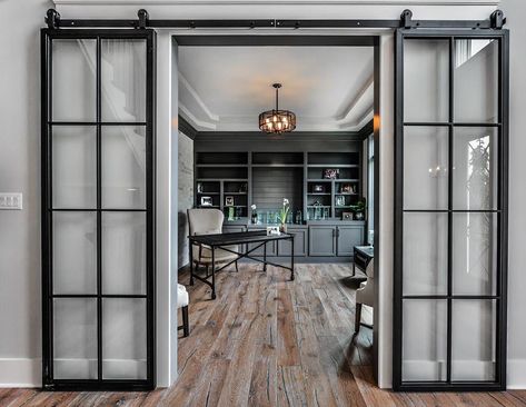 Double Sliding Barn Door, Home Office Doors, Double Sliding Barn Doors, White Barn Door, Custom Barn Doors, Glass Barn Doors, Door Inspiration, Metal Barn, Double Barn Doors