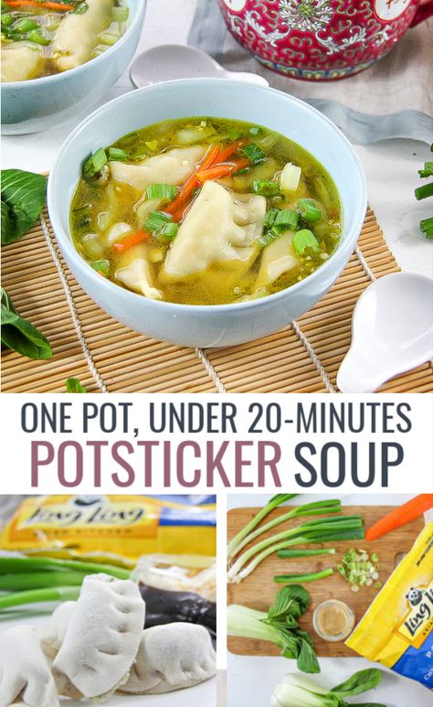 Potsticker Recipes Dinners, Soup With Potstickers, Pot Sticker Soup Crockpot, Frozen Pot Sticker Soup, Asian Potsticker Soup, Pot Stickers Soup Recipe, Pot Sticker Meal Ideas, Pot Stickers Soup, Pot Sticker Dinner