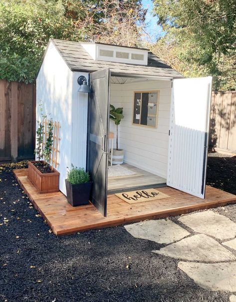 Metal Garden Shed Ideas, Rubbermaid Shed Accessories, Shed Office Ideas, Home Office Shed, Rubbermaid Shed, She Shed Office, She Shed Ideas, Small Garden Tools, Backyard Escape