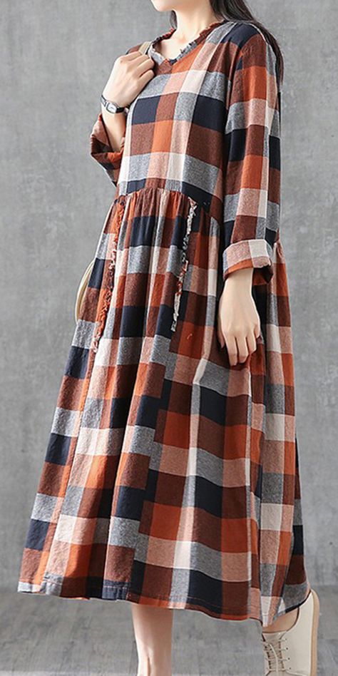 Classy blackish green plaid cotton linen clothes v neck patchwork long Dresses Chess Fashion, Loose Dress Outfit, Linen Sundress, Spring Dresses Women, Francisco Lachowski, Fashionable Clothes, Mod Cloth Dresses, Cotton Dress Summer, Women Long Sleeve Dress