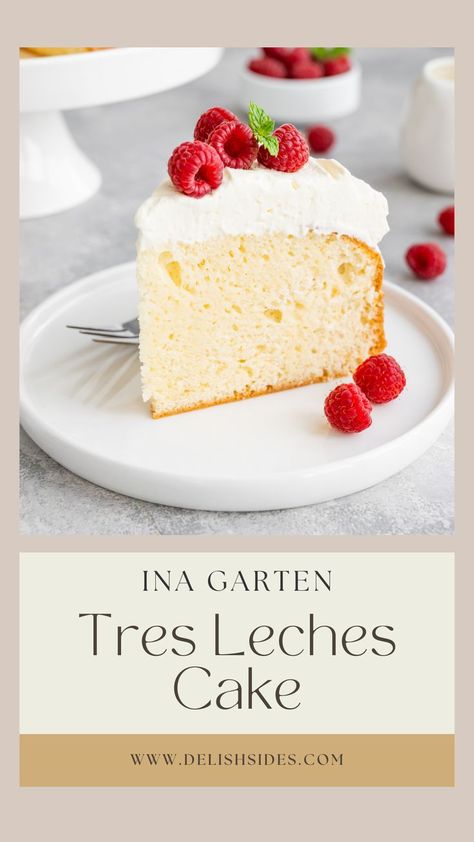 The pin displays a tempting image of Ina Garten's Tres Leches Cake, showcasing a slice of moist sponge cake generously soaked in a mixture of three milks (condensed milk, evaporated milk, and heavy cream) and crowned with a fluffy layer of whipped cream. Best White Cake, Condensed Milk Desserts, Evaporated Milk Recipes, Cake Mix Recipe, Tres Leches Cake Recipe, Milk Dessert, Leches Cake, White Cake Recipe, Tres Leches Cake